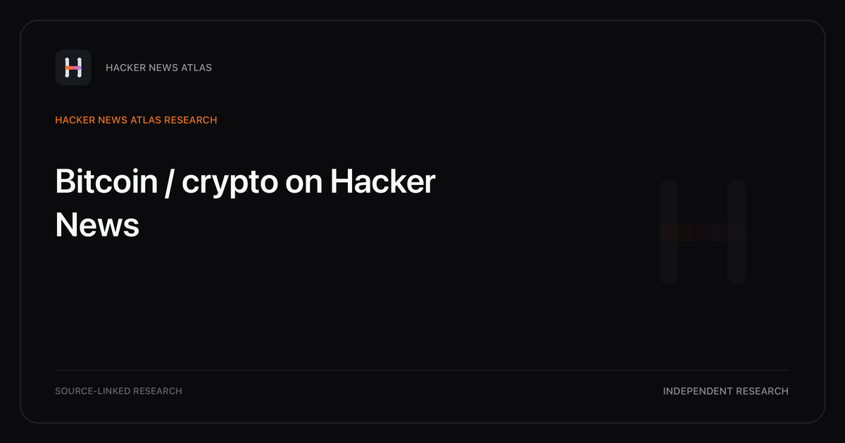 Visual guide to Bitcoin / crypto on Hacker News: How Bitcoin / crypto changed in Hacker News story titles from 2007 through 2026, with annual title share, peak year, sources, and coverage limits.