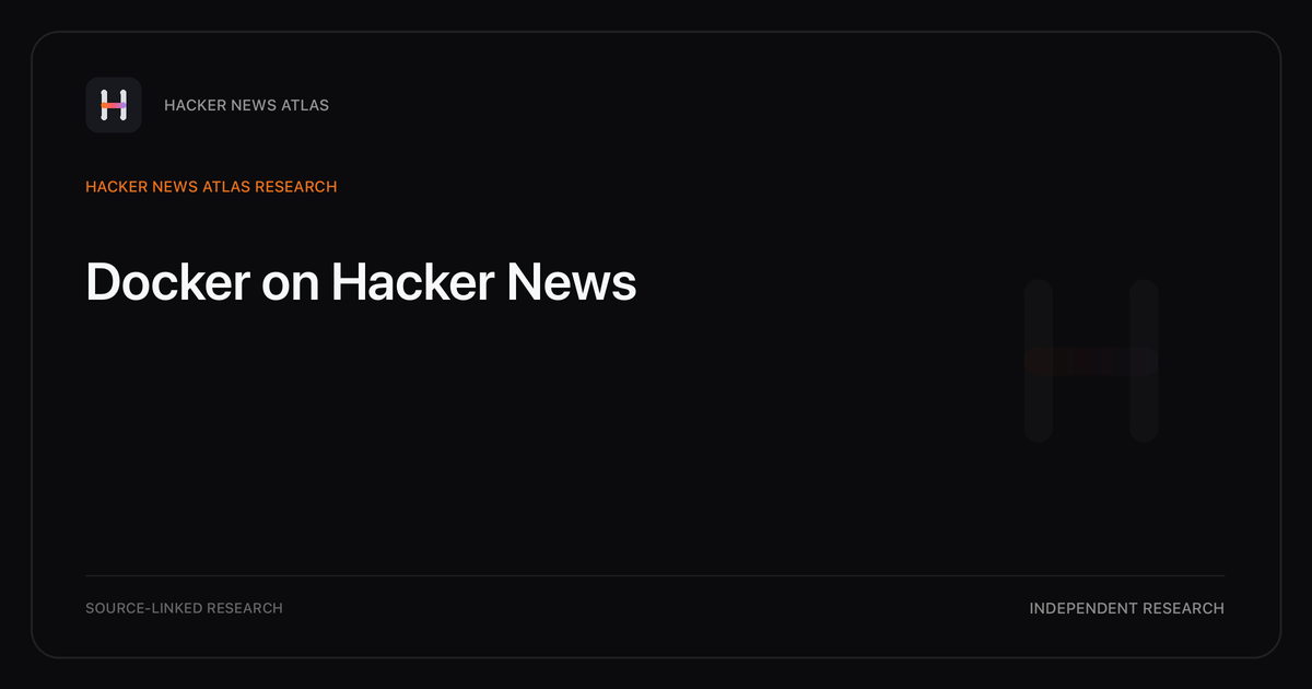Visual guide to Docker on Hacker News: How Docker changed in Hacker News story titles from 2007 through 2026, with annual title share, peak year, sources, and coverage limits.