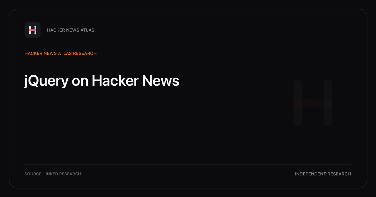 Visual guide to jQuery on Hacker News: How jQuery changed in Hacker News story titles from 2007 through 2026, with annual title share, peak year, sources, and coverage limits.