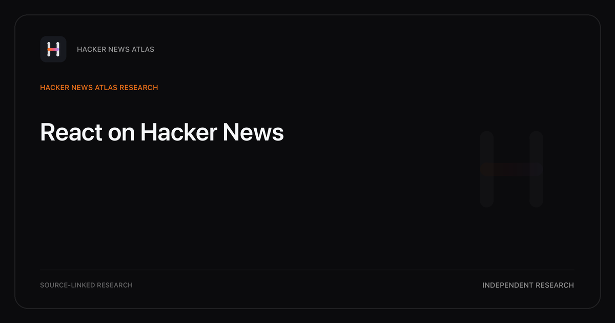 Visual guide to React on Hacker News: How React changed in Hacker News story titles from 2007 through 2026, with annual title share, peak year, sources, and coverage limits.